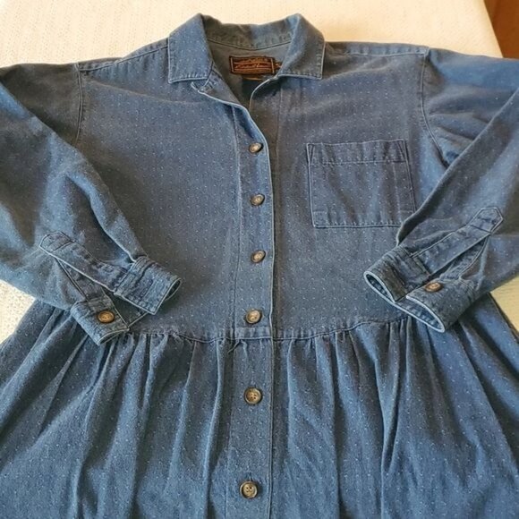 Eddie Bauer Blue Jean Dotted Pocketed‎ Button Down LS Sz M Dress - Picture 6 of 13